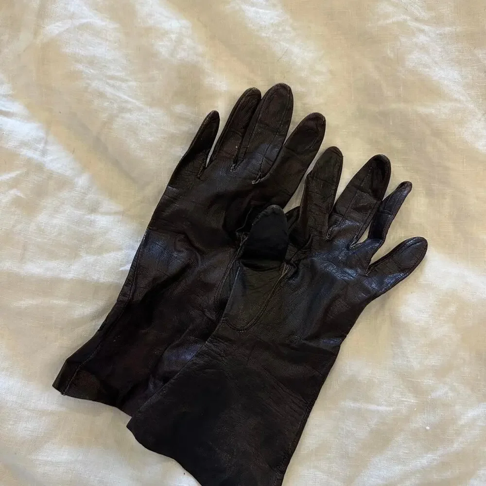Vintage Dark Brown Leather Gloves Geometric Cutout Detail